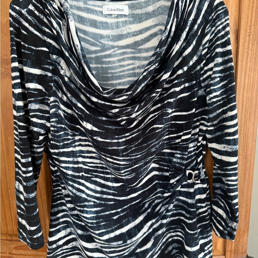 Calvin Klein Black and White Zebra Print Cowl Neck Blouse
